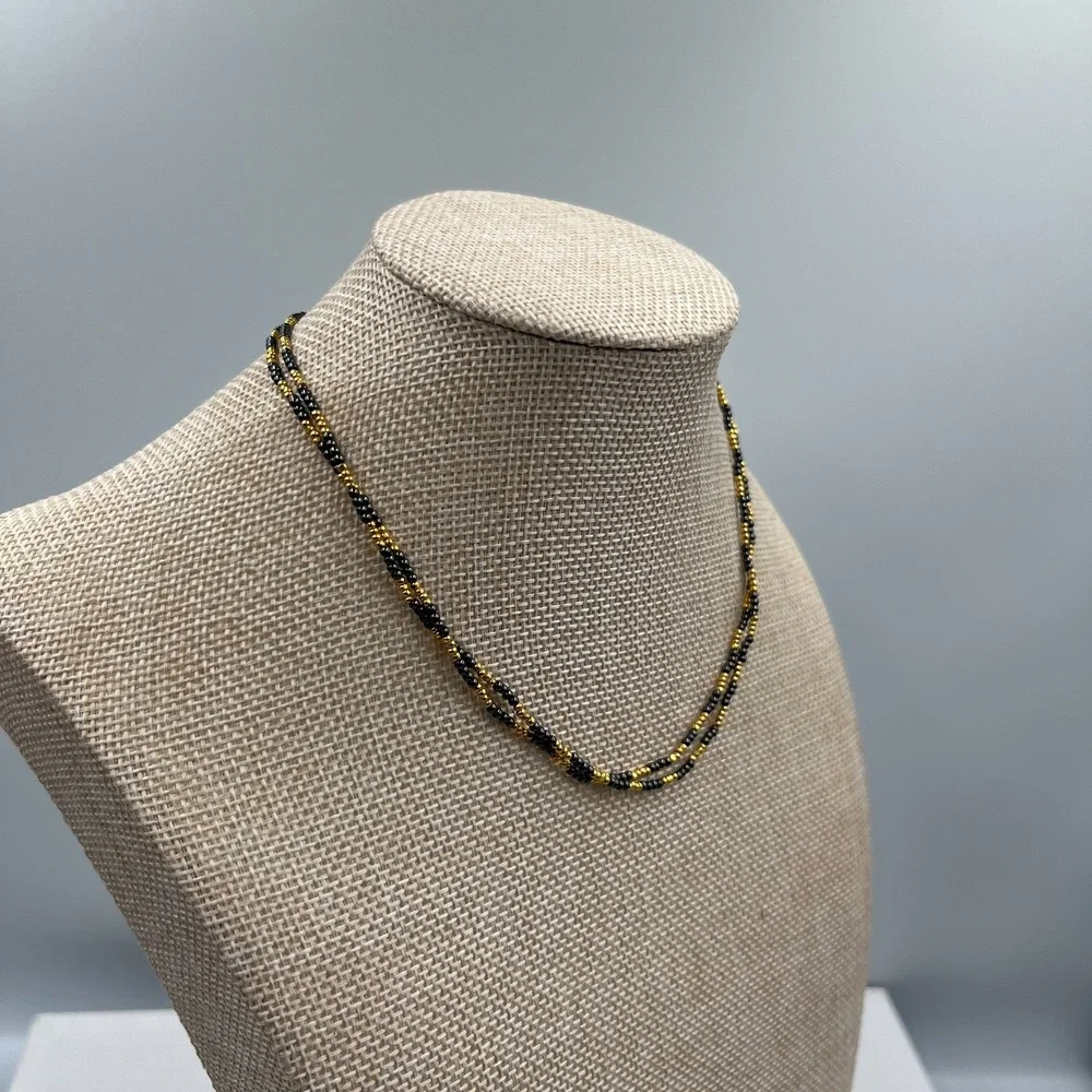 Vintage‎ Black & Gold Seed Bead Necklace Multi Strand Torsade Statement Jewelry